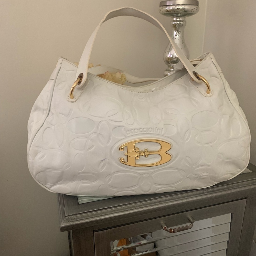 White and Gold Structured leather hand bag